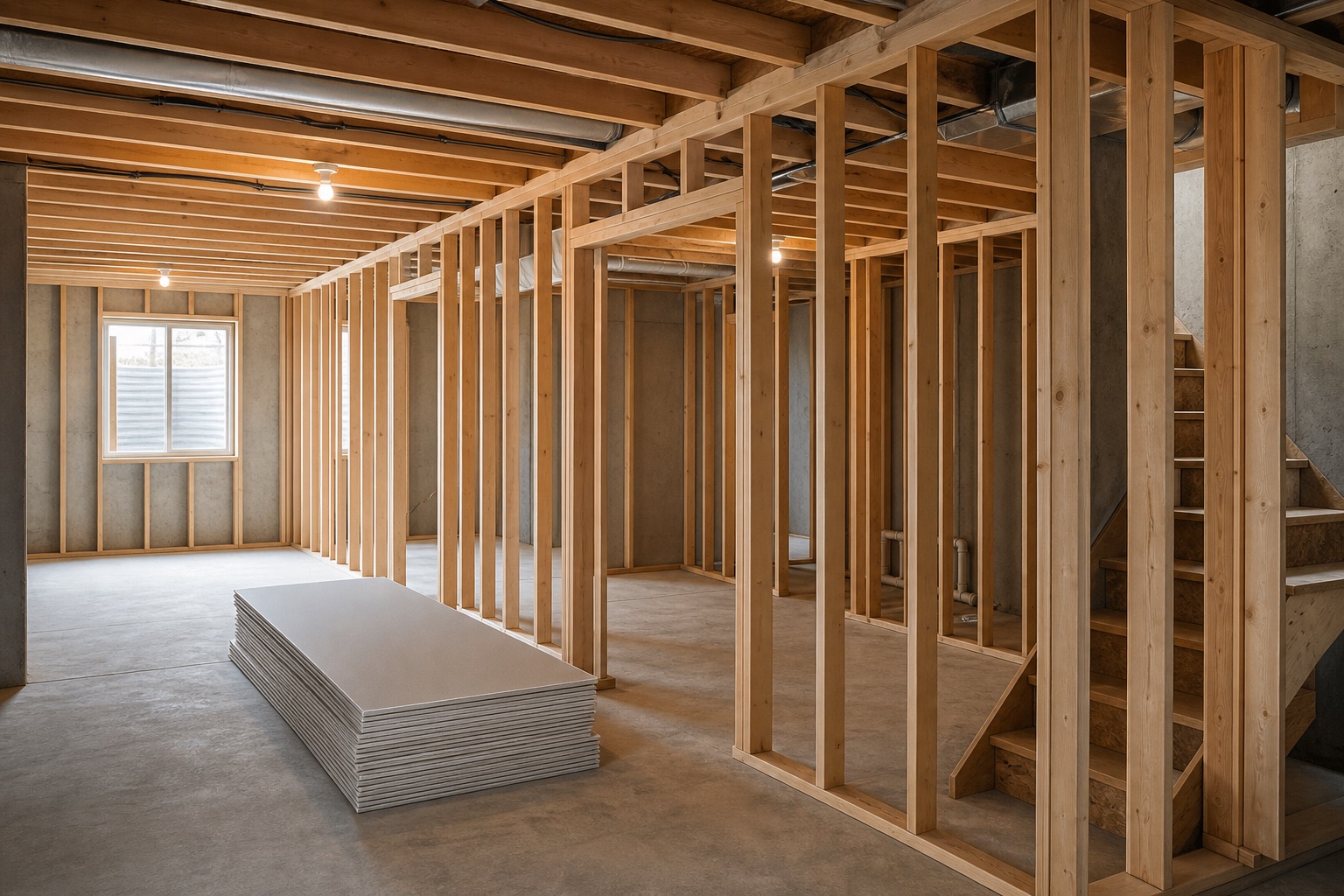 Basement framing and drywall work in progress before finish work
