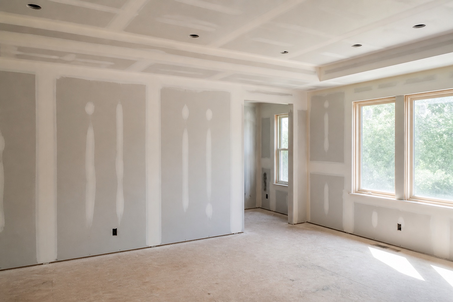 Freshly taped and finished drywall walls and ceiling in a bright renovation room
