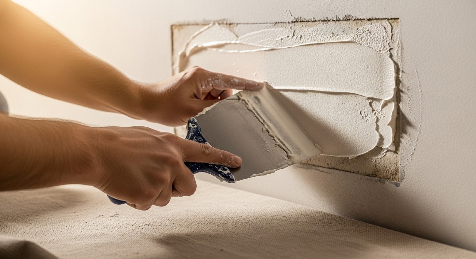 Hands smoothing joint compound over a drywall patch with a taping knife