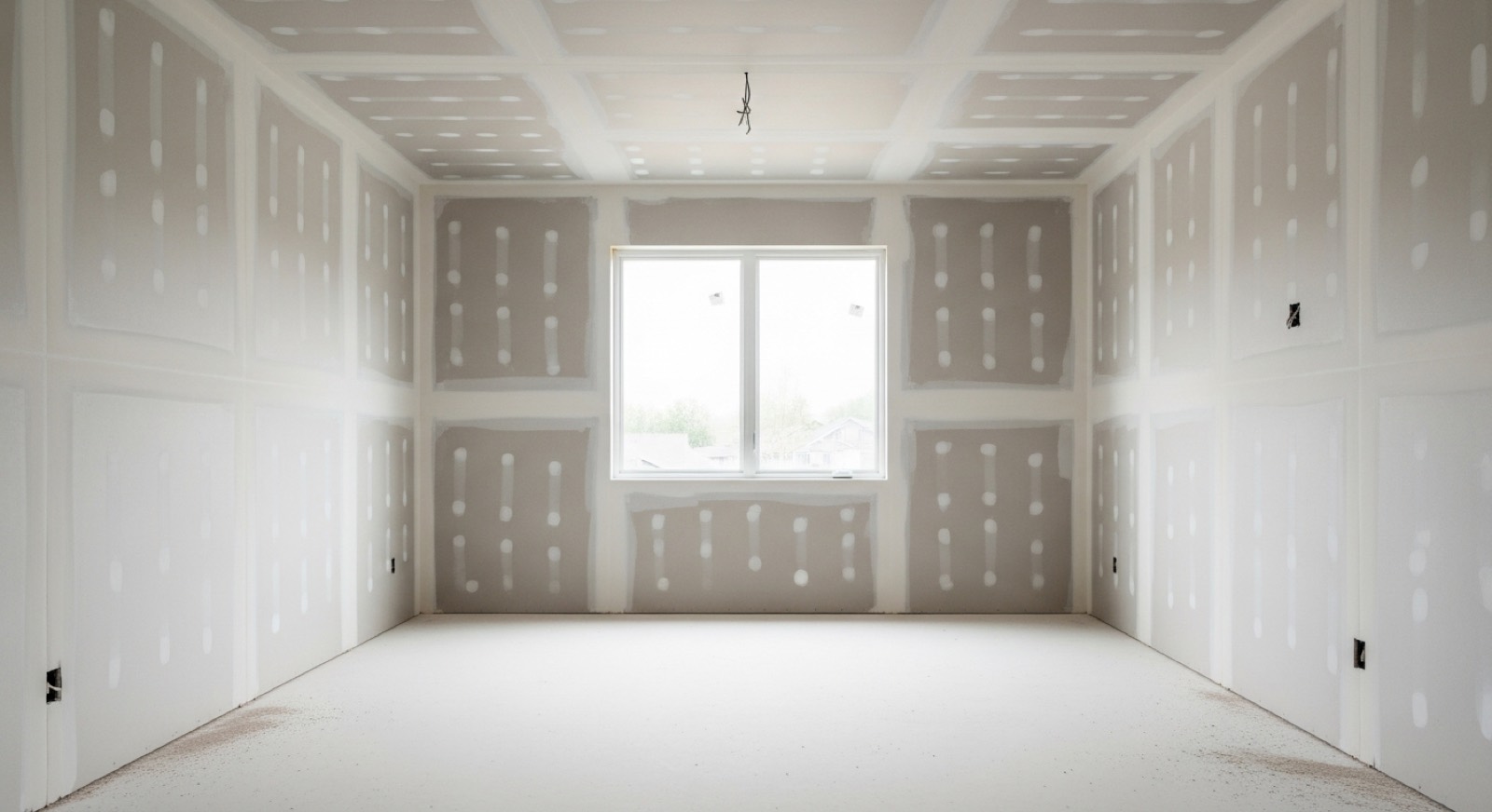 Bright room with smooth sanded drywall walls and ceiling ready for primer