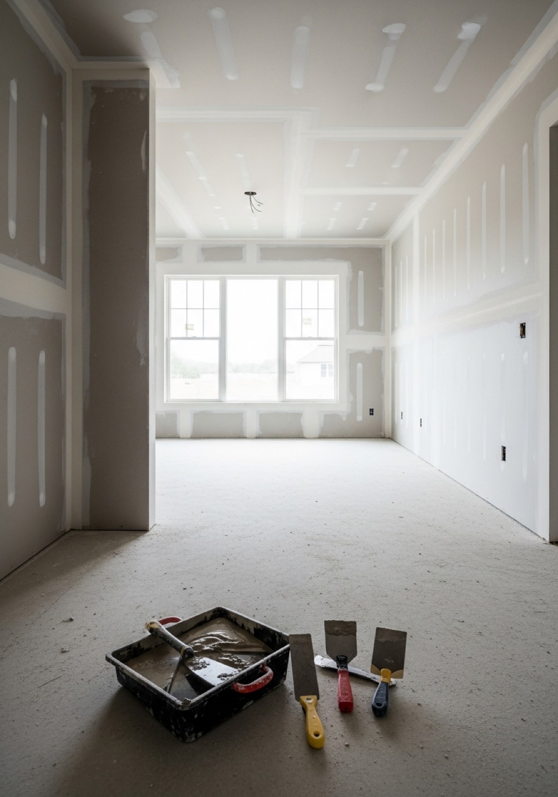 Renovation room with freshly taped and mudded drywall seams and corner bead