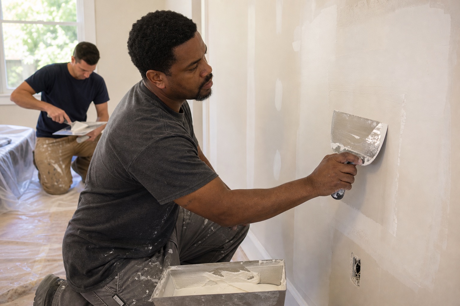 Drywall finisher smoothing a wall repair patch with tools and protected flooring nearby