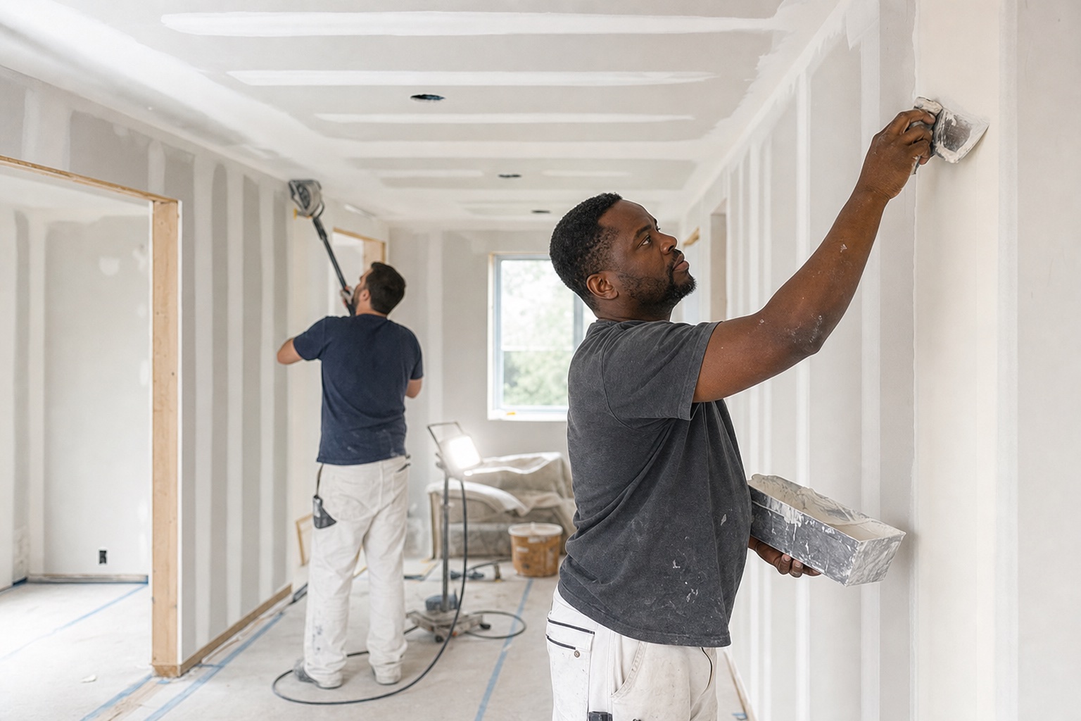 Drywall finishing workers applying compound and sanding seams in a bright renovation room