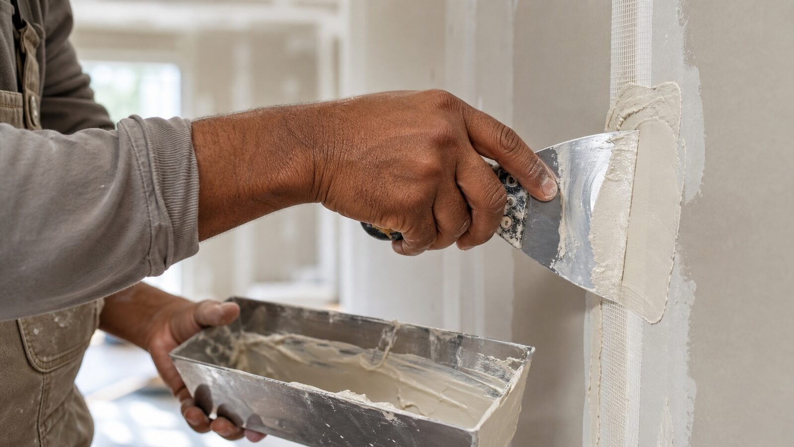 Close-up of a taper's hands smoothing joint compound over drywall tape with a knife and mud pan